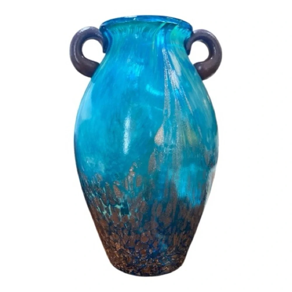 Dale Tiffany Favrile Art Glass Amphora Teal Blue Vase Gold Copper Aventurine 8